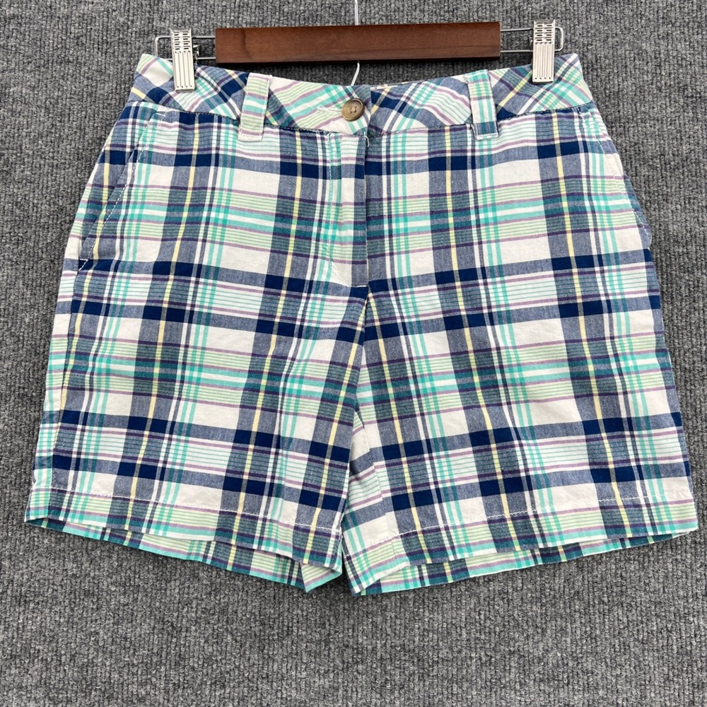 Lands End Plaid Shorts Womens 2 Blue Green Multi Cotton Preppy Coastal Summer